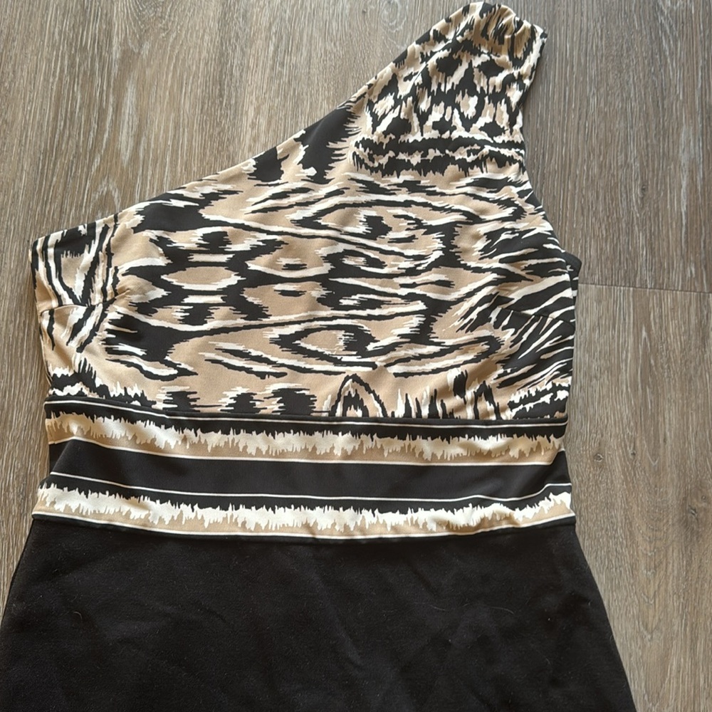 BCBGMaxazaria one shoulder black tan a bodycon mini cocktail stretch dress S - Picture 3 of 7